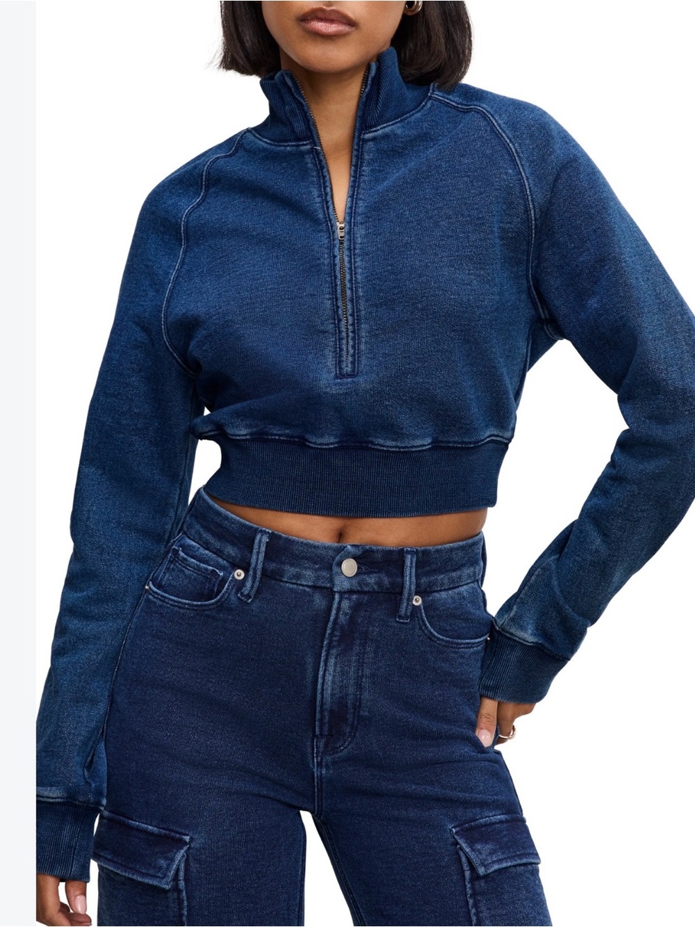 Good American Jeanius Mock Zip Pullover Indigo Blue Cropped Sweatshirt S